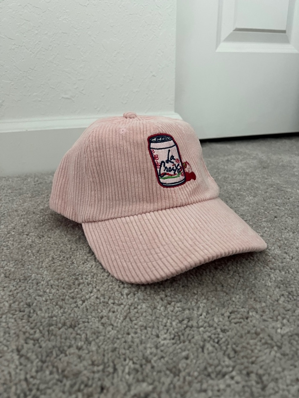 Pink Corduroy Baseball Cap with Cherry La Croix Can Patch